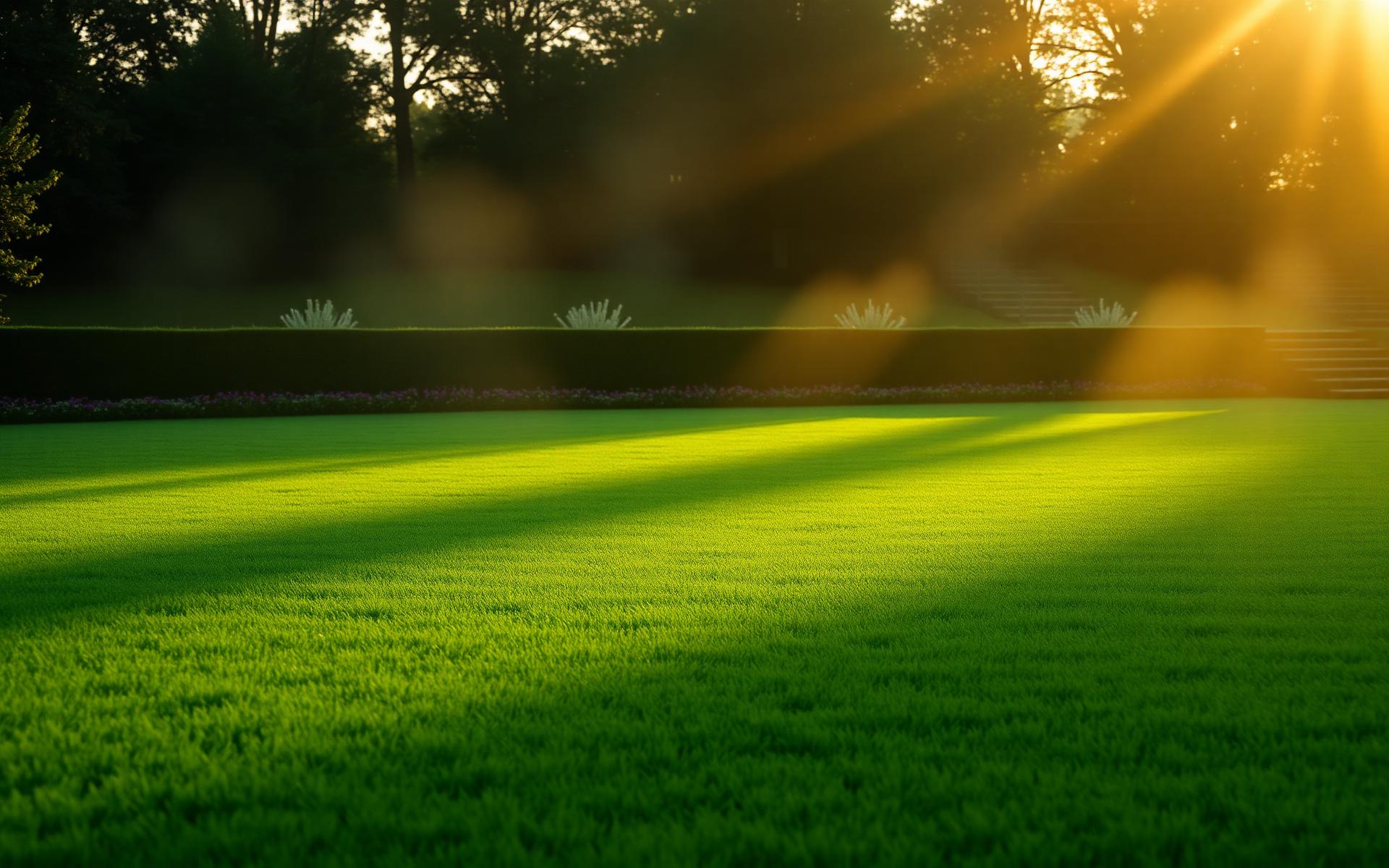 Sunlit manicured emerald lawn at golden hour